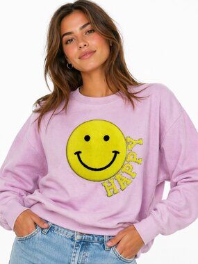 JUDITH MARCH Happy Smiley Face Pink Oversized Sweatshirt Medium
